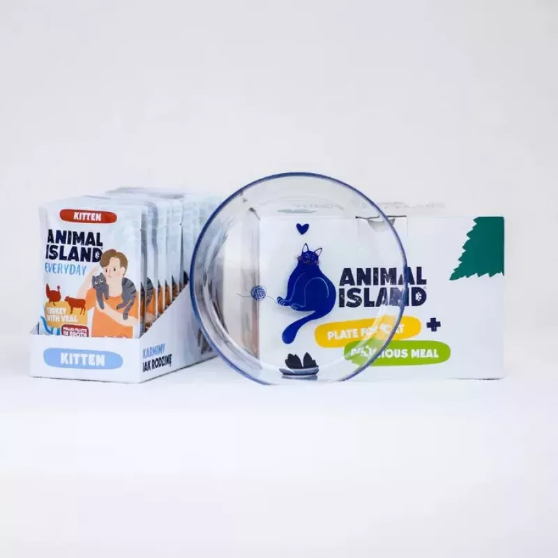ANIMAL ISLAND Kitten peru & vitela comida húmida para gatos 12x85g + prato
