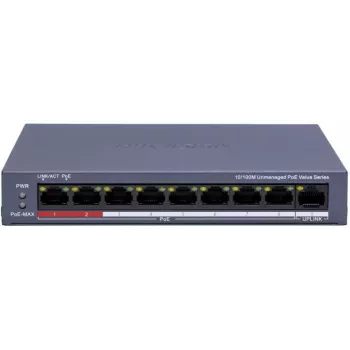 Hikvision DS-3E0109P-E/M(C) switch PoE Fast Ethernet de 9 portas, 8 portas PoE, orçamento 65W, não gerido