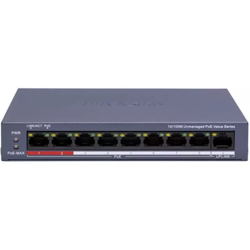 Hikvision DS-3E0109P-E/M(C) switch PoE Fast Ethernet de 9 portas, 8 portas PoE, orçamento 65W, não gerido