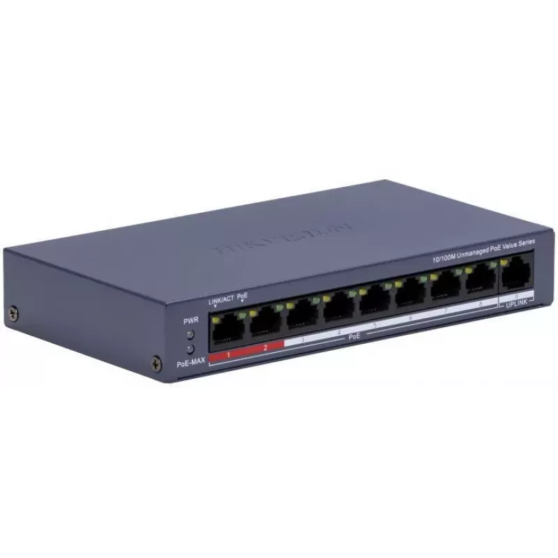 Hikvision DS-3E0109P-E/M(C) switch PoE Fast Ethernet de 9 portas, 8 portas PoE, orçamento 65W, não gerido
