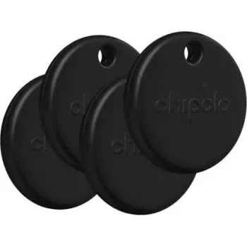 Etiqueta de rastreio Chipolo POP pack de 4 preto - localizador de chaves Bluetooth, compatível com Apple Onde está?, bateria substituível, IPX5 resistente à água, alcance de 60 m, toque de 120 dB