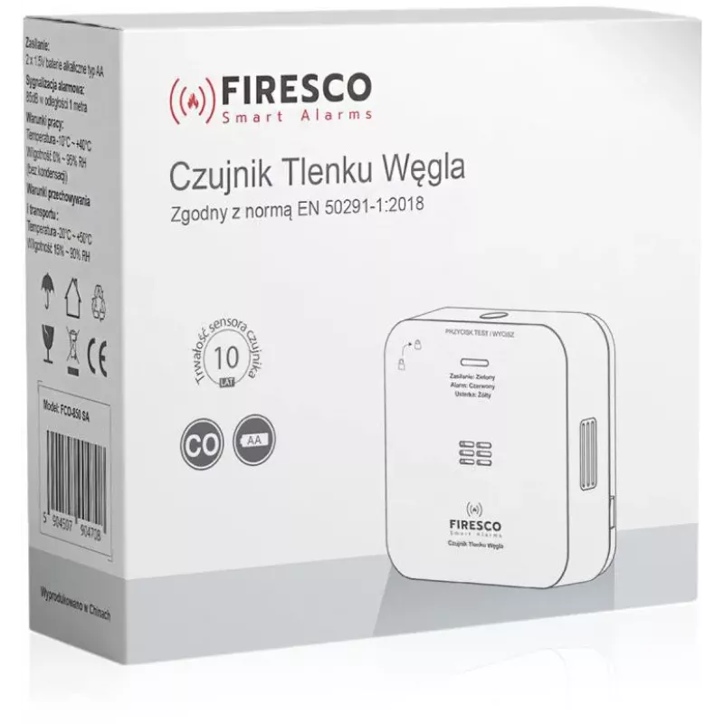 Detetor de monóxido de carbono FIRESCO FCO-850 SA com ecrã LCD, 10 anos de vida útil