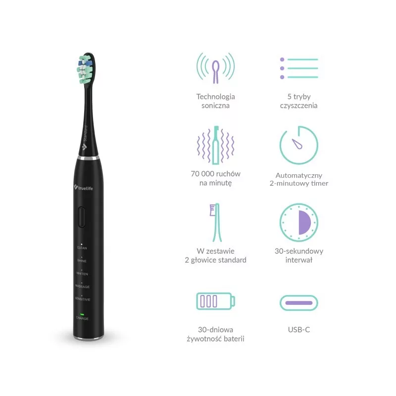 Escova de dentes sónica TLF TrueLife SonicBrush Clean30 preta para adultos
