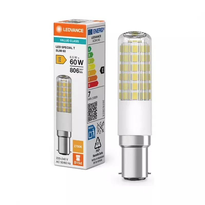 OSRAM LED SPECIAL T 6,5W 827 Transparente B15d Lâmpada LED tubular, 806 lm, 2700 K, Branco Quente, não regulável, pack de 2