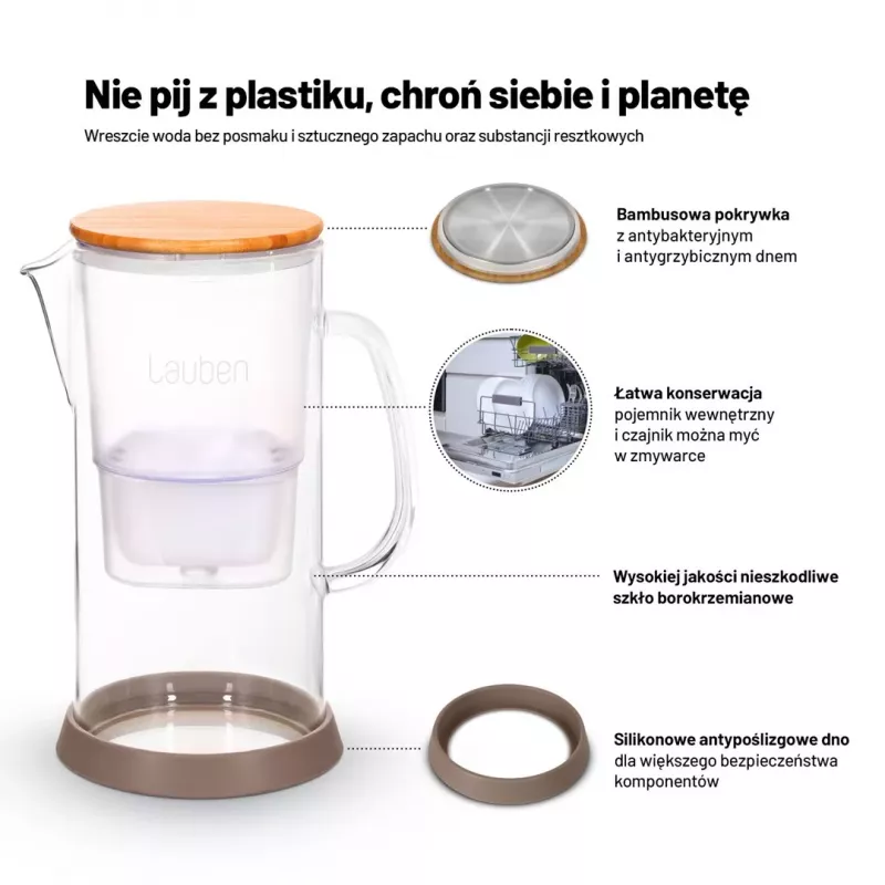 Lauben Jarro de Filtro de Água de Vidro 32GW, 3,2L, Vidro Borossilicato, Sem BPA, Indicador Eletrónico de Vida do Filtro, Transparente/Preto