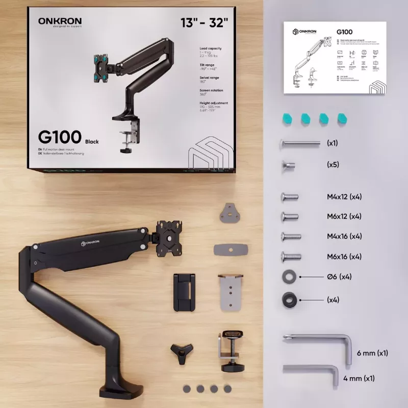 ONKRON G100-B Suporte de secretária para monitor individual de 13-32 polegadas, Preto