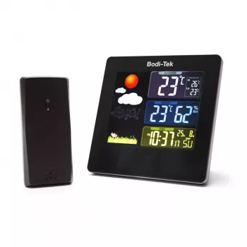 Bodi-Tek BT-HGWS-EU/1,2 Estação meteorológica digital com sensor exterior sem fios, ecrã LCD, previsão do tempo, fase da lua, alarme, retroiluminação