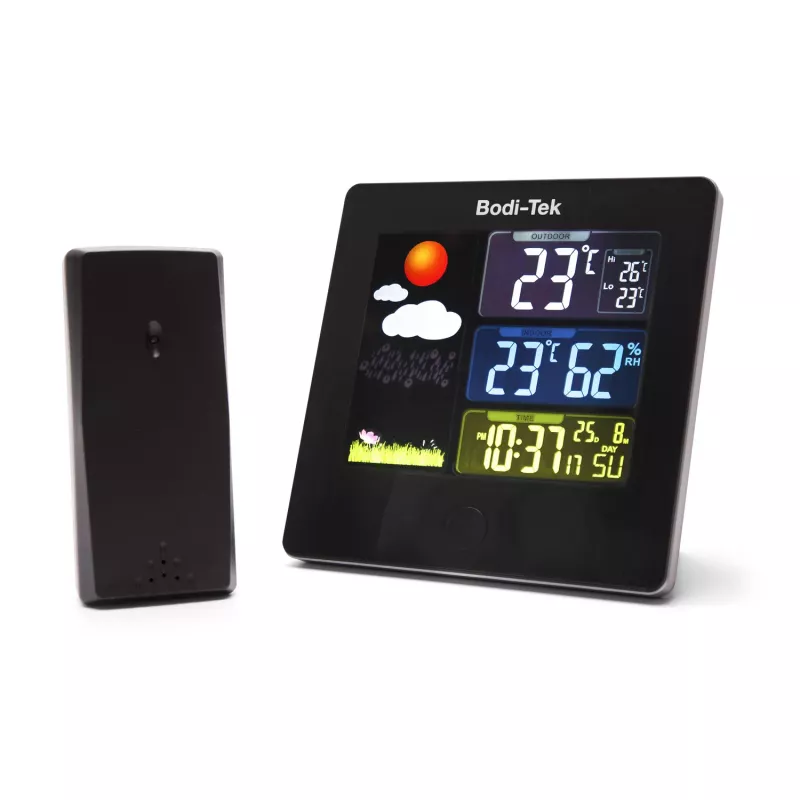 Bodi-Tek BT-HGWS-EU/1,2 Estação meteorológica digital com sensor exterior sem fios, ecrã LCD, previsão do tempo, fase da lua, alarme, retroiluminação