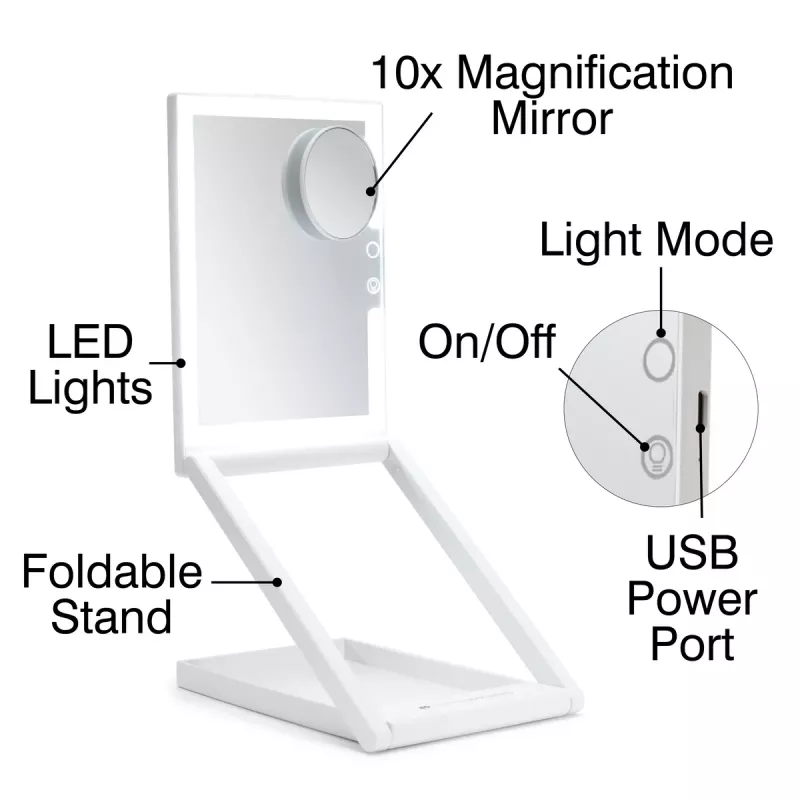 RIO MMAW-EU/1,0 Espelho de maquilhagem Home and Away - Dupla face com iluminação LED, ampliação 1x/5x, dobrável, branco