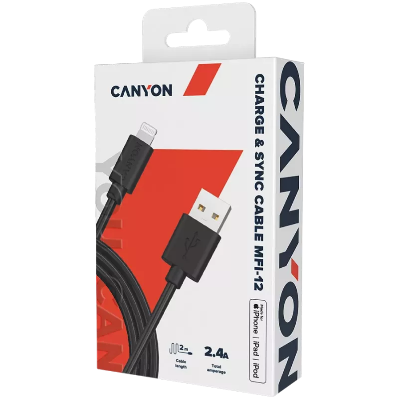 CANYON MFI-12 Cabo USB-A para Lightning 2m Preto