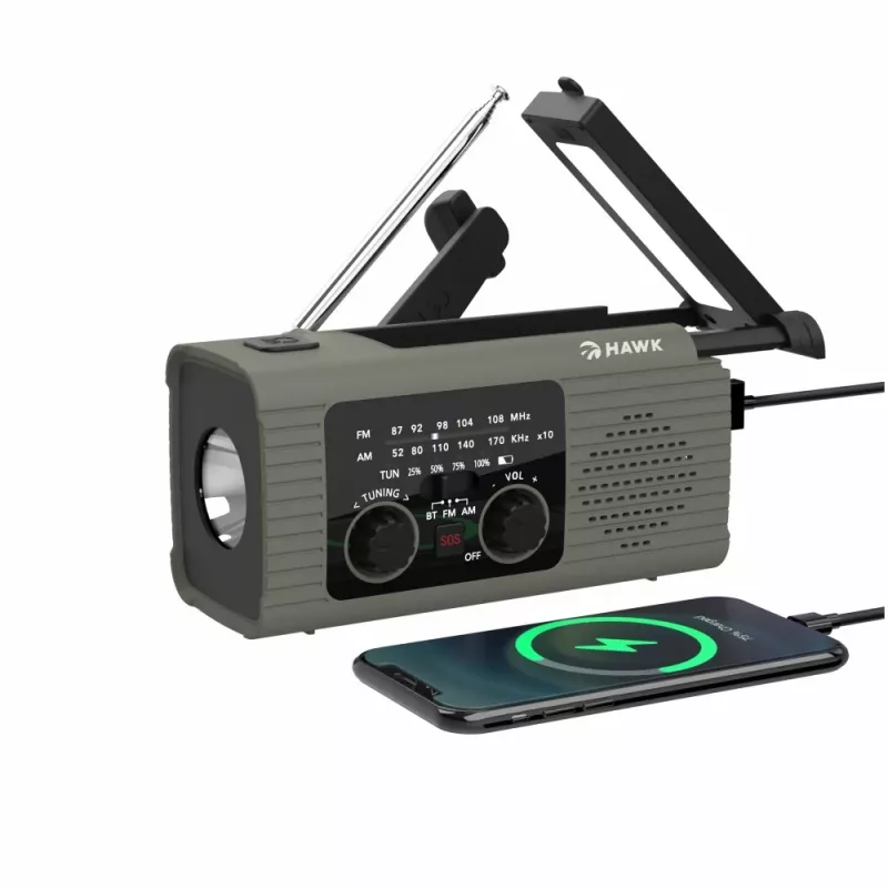 Rádio solar com dínamo e lanterna Hawk HWRDI410GN