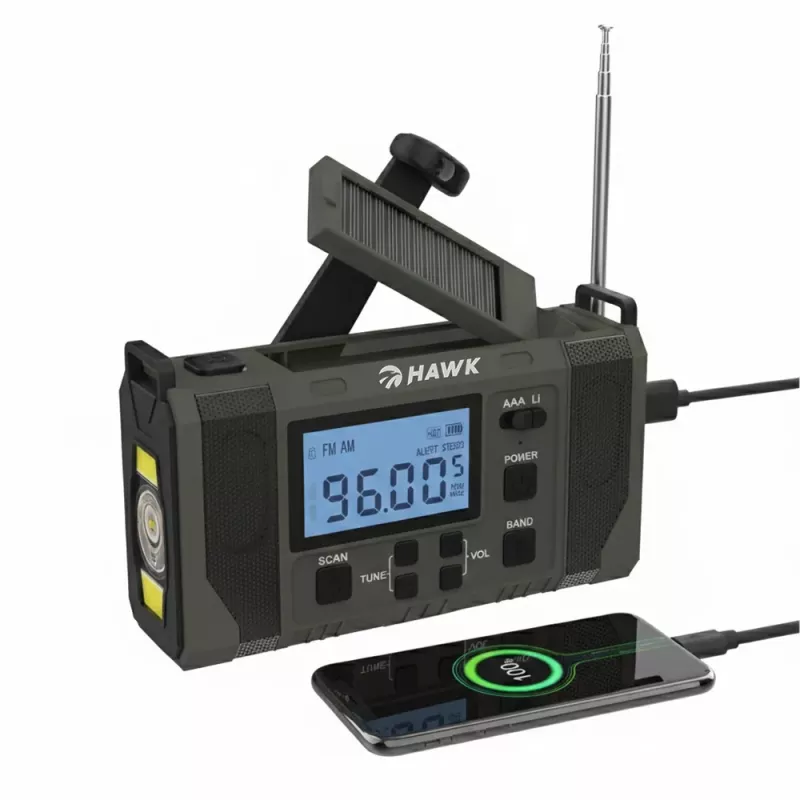 Rádio de emergência meteorológico Hawk HWRDI420GN com solar, dínamo, lanterna, AM/FM/KW, verde