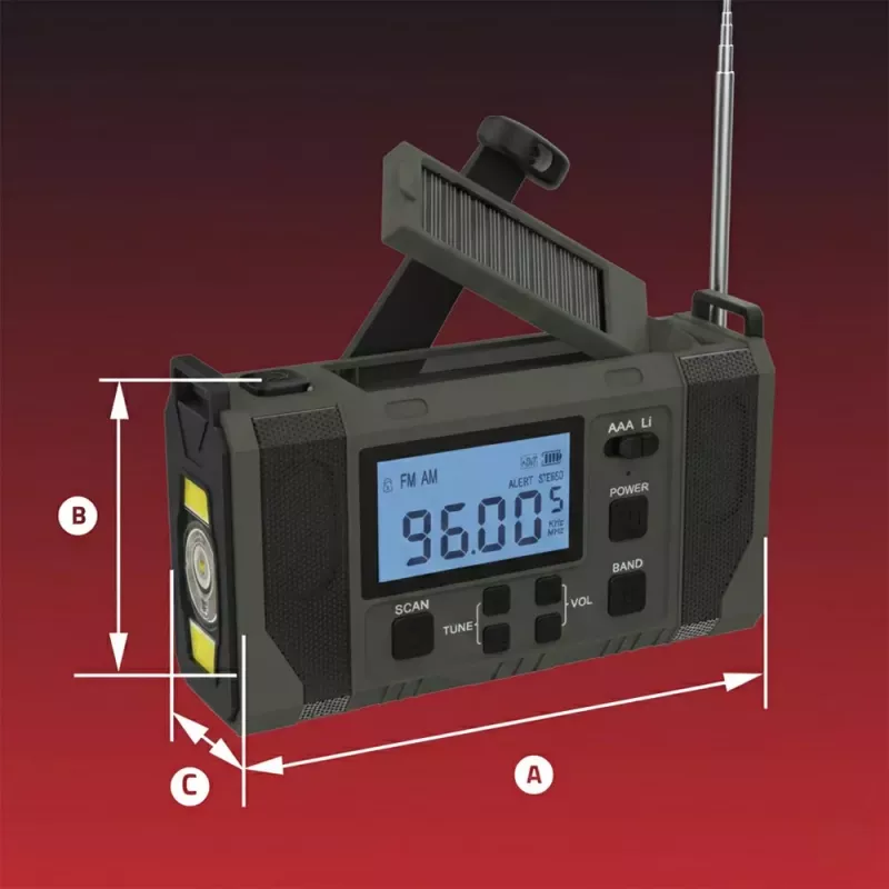Rádio de emergência meteorológico Hawk HWRDI420GN com solar, dínamo, lanterna, AM/FM/KW, verde