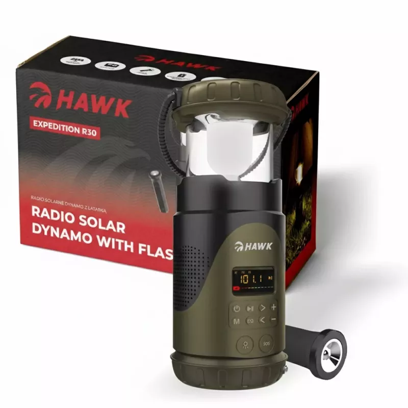 Rádio solar com dínamo e lanterna Hawk HWRDI430GN