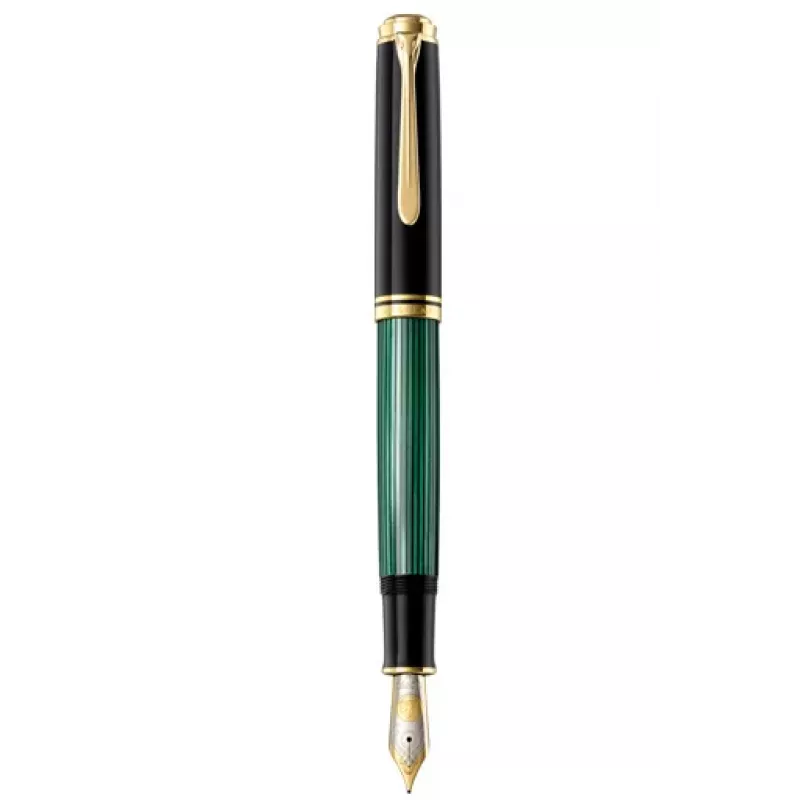 Pelikan Souverän M1000 Caneta de tinta permanente, preto, guarnições douradas, janela de tinta verde, pena larga, êmbolo integrado, ambidestra, Alemanha