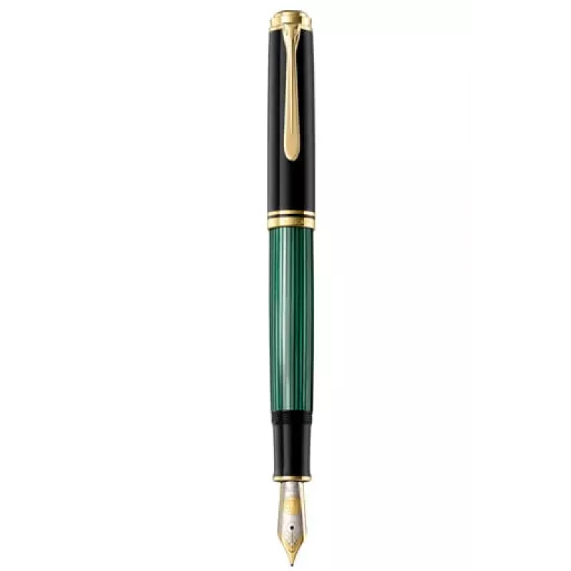 Pelikan Souverän M1000 Caneta de tinta permanente, preto, guarnições douradas, janela de tinta verde, pena larga, êmbolo integrado, ambidestra, Alemanha