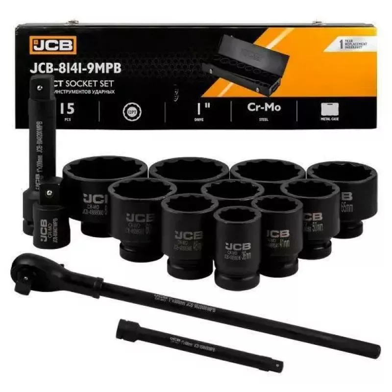 JCB conjunto de chaves de caixa de impacto 15 peças 1 polegada 12 pontos (36-80mm)
