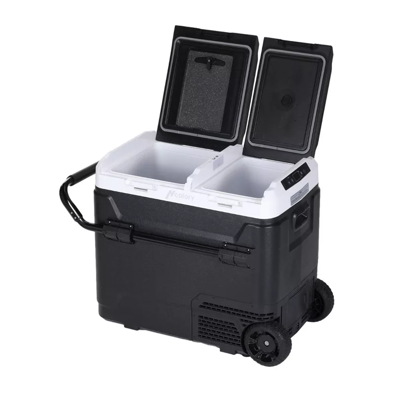 HCALORY P50M+ geleira de automóvel com Bluetooth, 50L, -20°C a +20°C, DC 12/24V e AC 100-240V, 60W, R134a, ecrã LCD, controlo por app, proteção da bateria, rodas, puxador telescópico, luz LED, porta USB, CE/RoHS/FCC