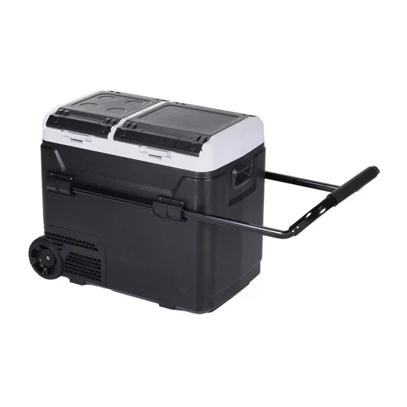 HCALORY P50M+ geleira de automóvel com Bluetooth, 50L, -20°C a +20°C, DC 12/24V e AC 100-240V, 60W, R134a, ecrã LCD, controlo por app, proteção da bateria, rodas, puxador telescópico, luz LED, porta USB, CE/RoHS/FCC