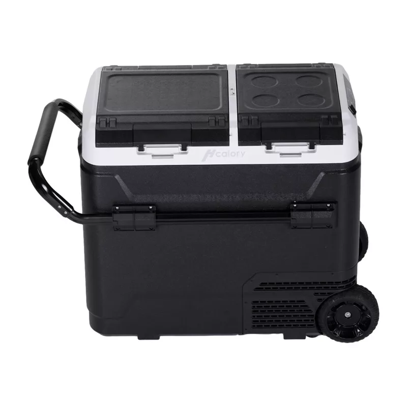 HCALORY P50M+ geleira de automóvel com Bluetooth, 50L, -20°C a +20°C, DC 12/24V e AC 100-240V, 60W, R134a, ecrã LCD, controlo por app, proteção da bateria, rodas, puxador telescópico, luz LED, porta USB, CE/RoHS/FCC