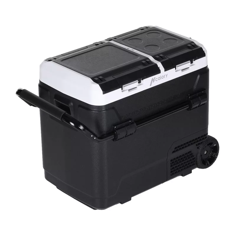 HCALORY P50M+ geleira de automóvel com Bluetooth, 50L, -20°C a +20°C, DC 12/24V e AC 100-240V, 60W, R134a, ecrã LCD, controlo por app, proteção da bateria, rodas, puxador telescópico, luz LED, porta USB, CE/RoHS/FCC