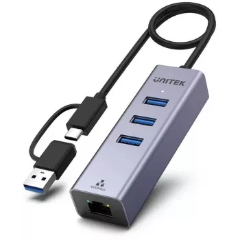 Hub USB-C UNITEK 4 em 1 Ethernet 3 x USB-A 5 Gbps com adaptador USB-A