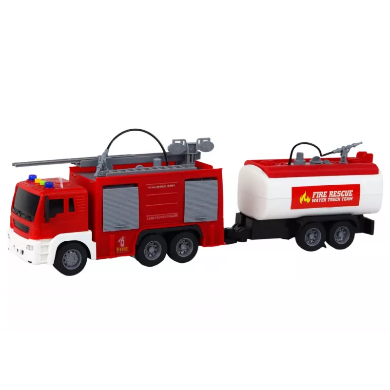LEAN TOYS Bombeiros com reboque camião de bombeiros 1:16 sons luzes