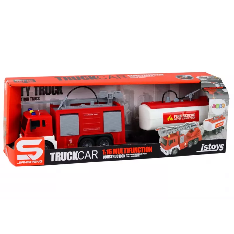 LEAN TOYS Bombeiros com reboque camião de bombeiros 1:16 sons luzes