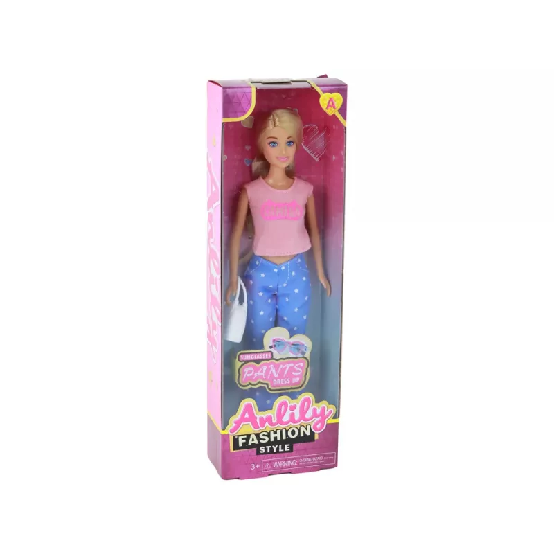 LEAN TOYS Boneca infantil Anlily com cabelo loiro comprido, mala de mão, óculos, blusa rosa