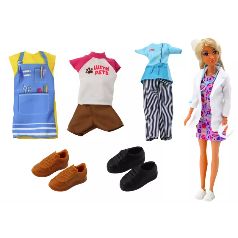 LEAN TOYS Conjunto de brincar boneca de moda Anlily 4 em 1 - médica, cabeleireira, cozinheira, cuidado de animais - mais de 50 peças