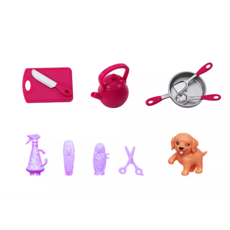 LEAN TOYS Conjunto de brincar boneca de moda Anlily 4 em 1 - médica, cabeleireira, cozinheira, cuidado de animais - mais de 50 peças