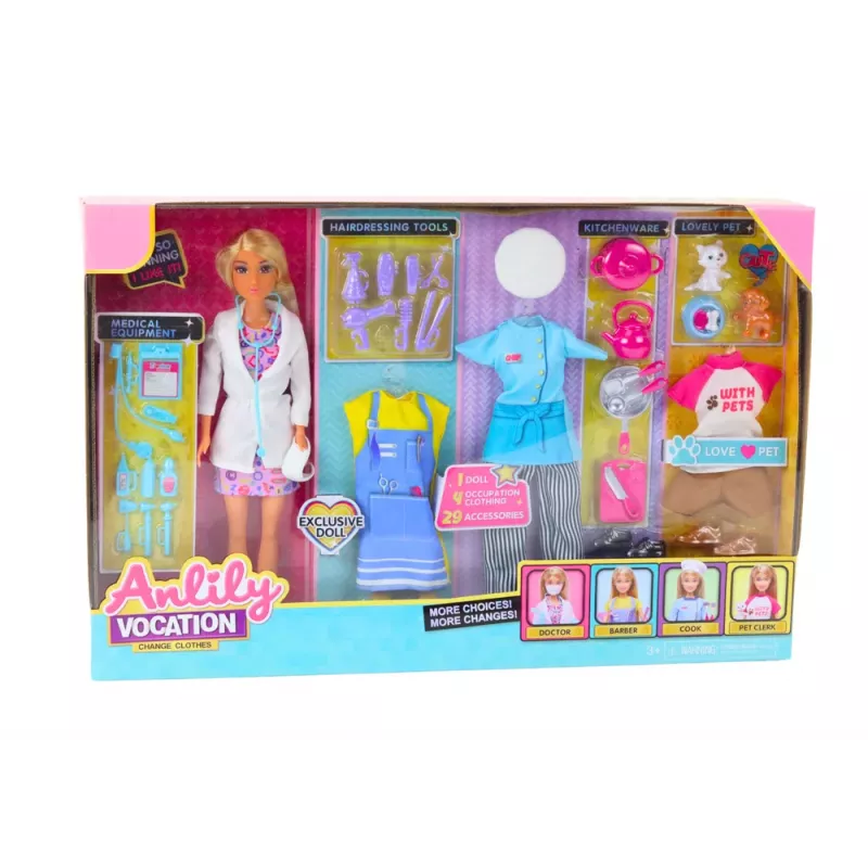 LEAN TOYS Conjunto de brincar boneca de moda Anlily 4 em 1 - médica, cabeleireira, cozinheira, cuidado de animais - mais de 50 peças