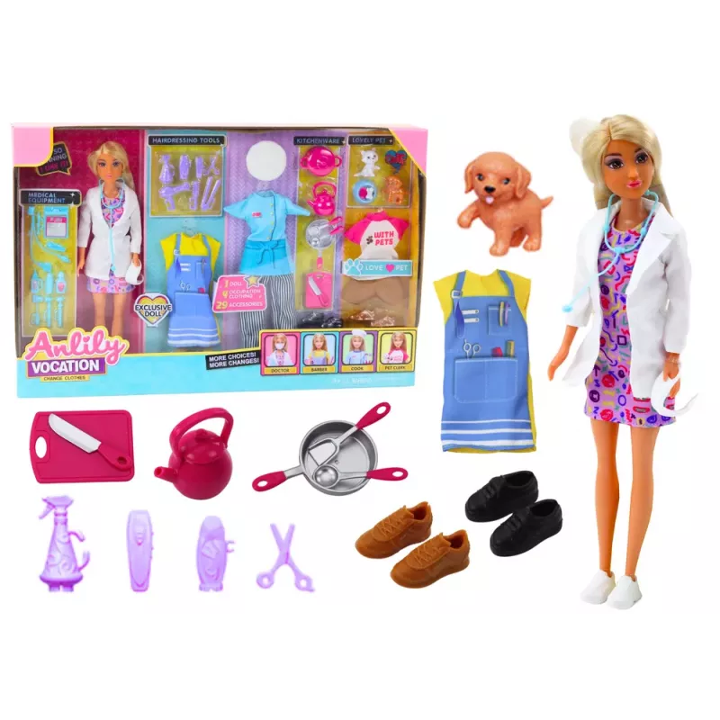 LEAN TOYS Conjunto de brincar boneca de moda Anlily 4 em 1 - médica, cabeleireira, cozinheira, cuidado de animais - mais de 50 peças