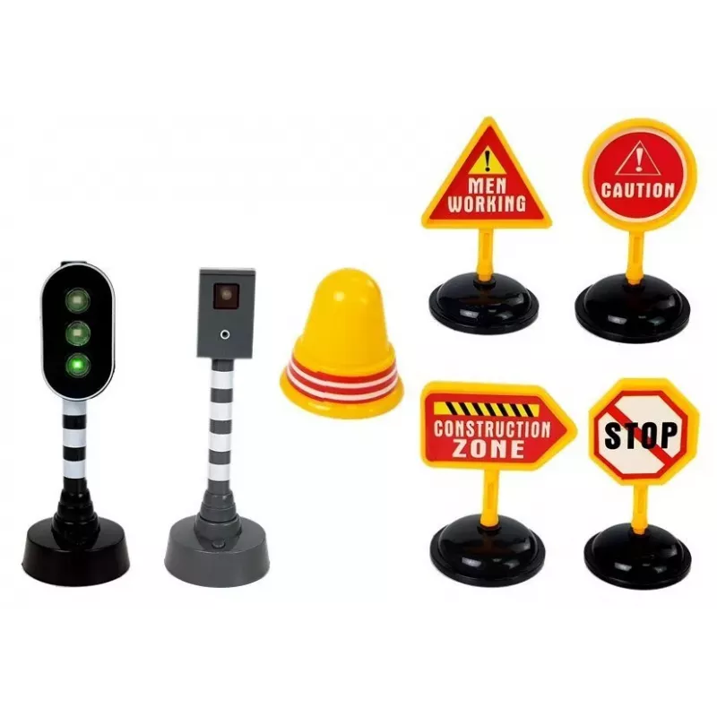 LEAN TOYS Conjunto basculante 1:14 Camião basculante RC com sinais de trânsito, luzes e radar - amarelo