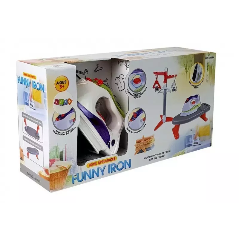 LEAN TOYS Tábua de passar a ferro com cabides – Conjunto de passar a ferro para crianças com efeitos de luz e som