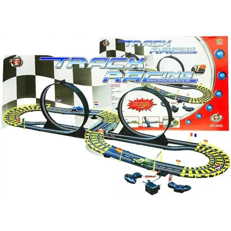 LEAN TOYS Pista de corrida com dois carros, loops e fonte de alimentação, 565 cm
