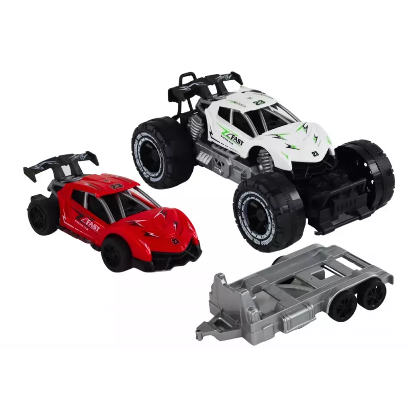 LEAN TOYS Conjunto: Jipe Branco, Carro Desportivo Vermelho, Camião de Reboque
