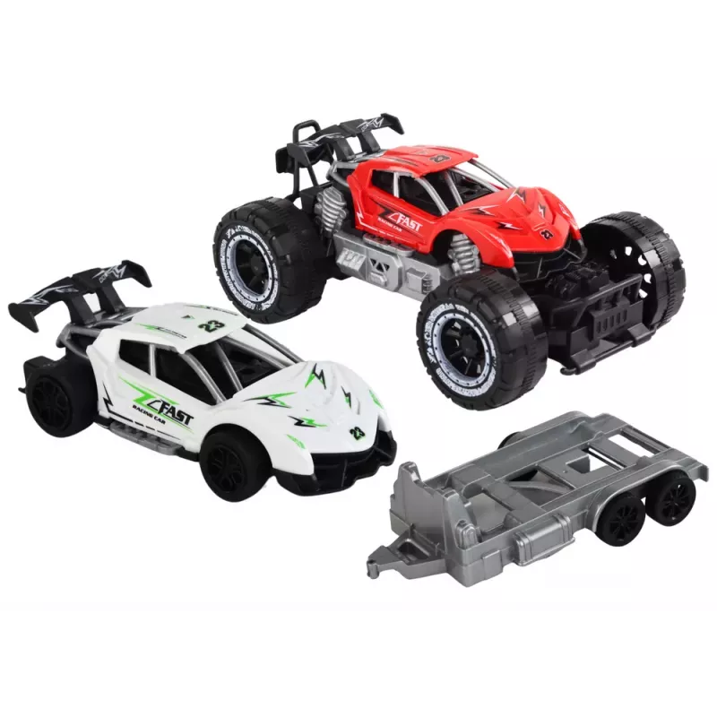 LEAN TOYS Conjunto de Jipe Vermelho e Carro Desportivo Branco com Camião de Reboque