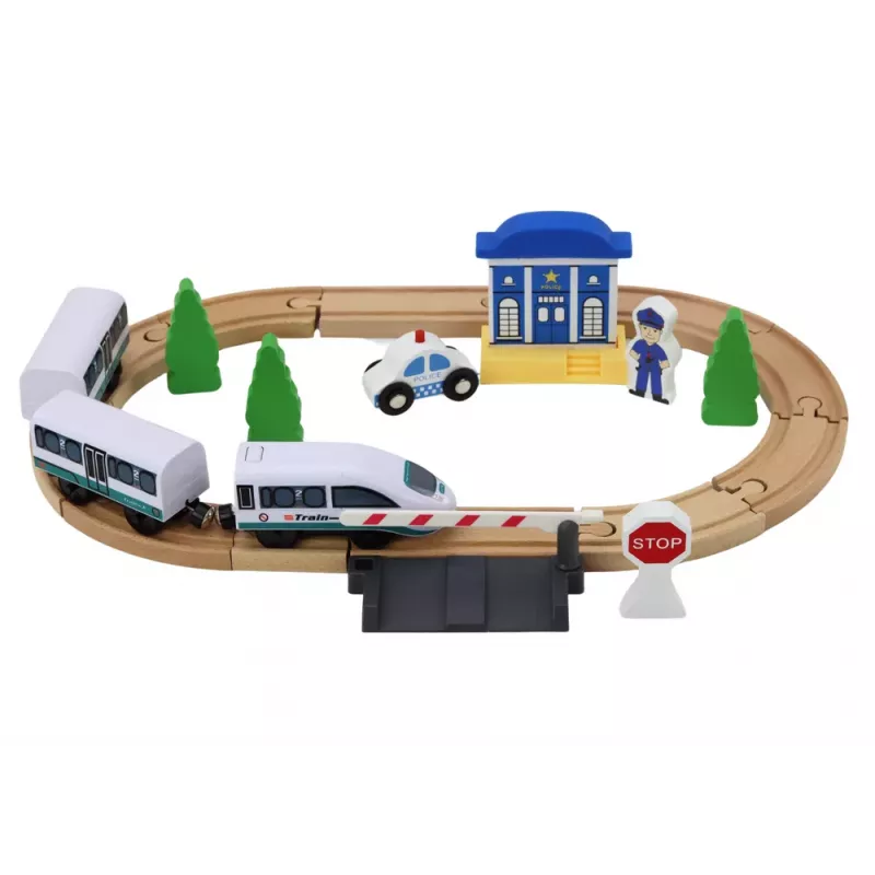 LEAN TOYS Comboio de Madeira com Via e Estação de Polícia Ponte 3,2m 75 Peças