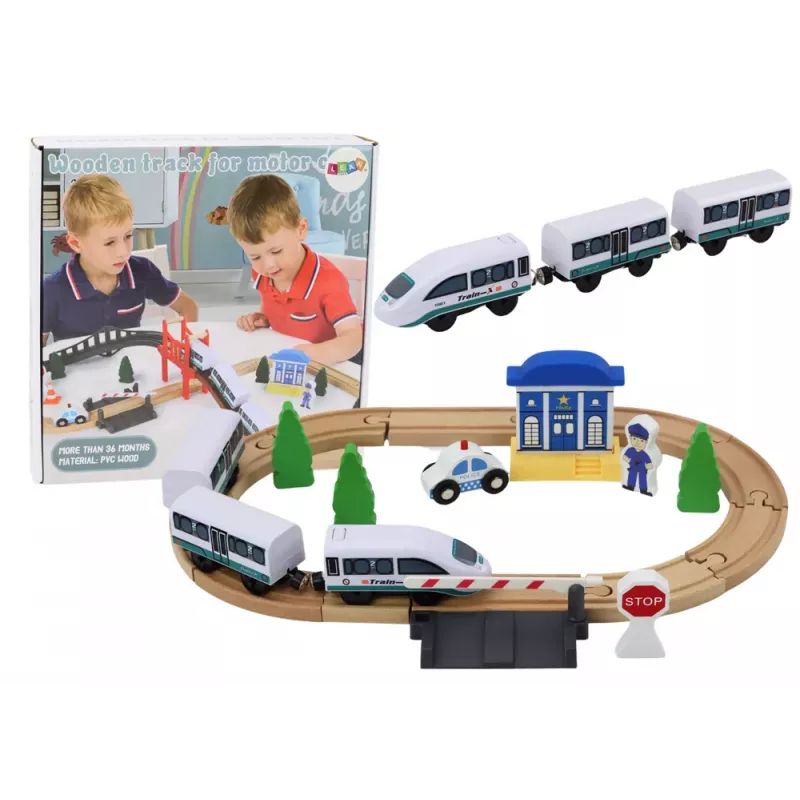 LEAN TOYS Comboio de Madeira com Via e Estação de Polícia Ponte 3,2m 75 Peças