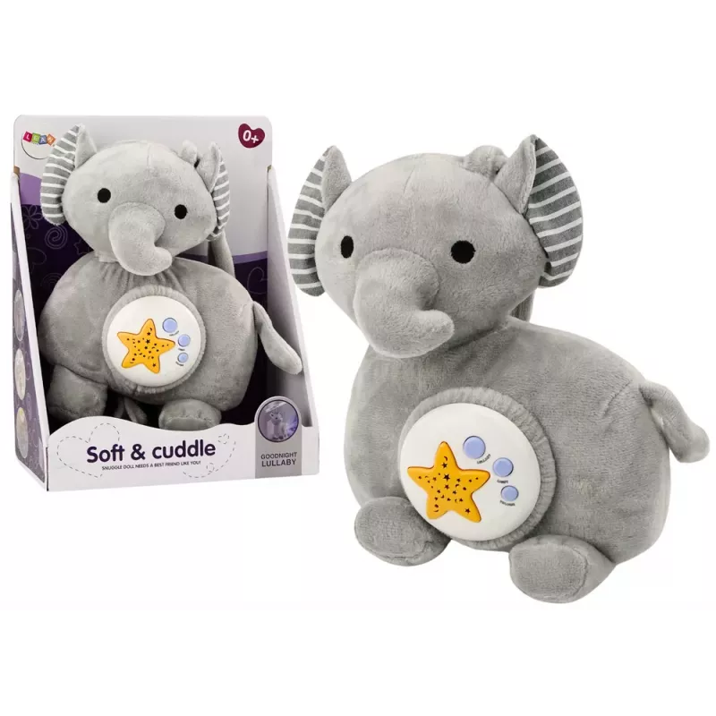LEAN TOYS Elefante de Peluche Projetor Ajuda a Adormecer Cinzento Peluche Estrelas Melodias