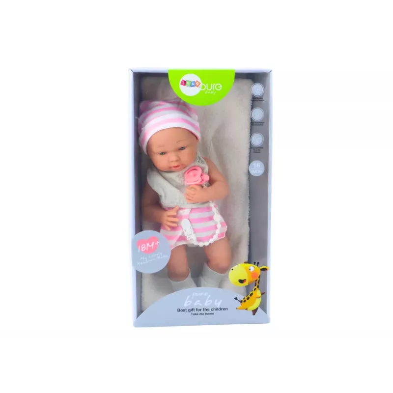 LEAN TOYS Boneca Bebé com Roupa Branca e Rosa, Gorro, Chupeta, Babete, Colcha
