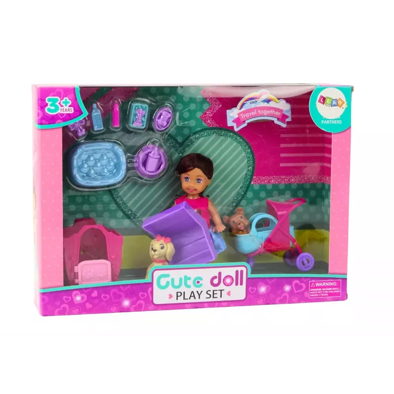 LEAN TOYS Boneca com Cães, Boneca Cão, Acessórios Canil, Rosa, Cachorro, 16 Peças