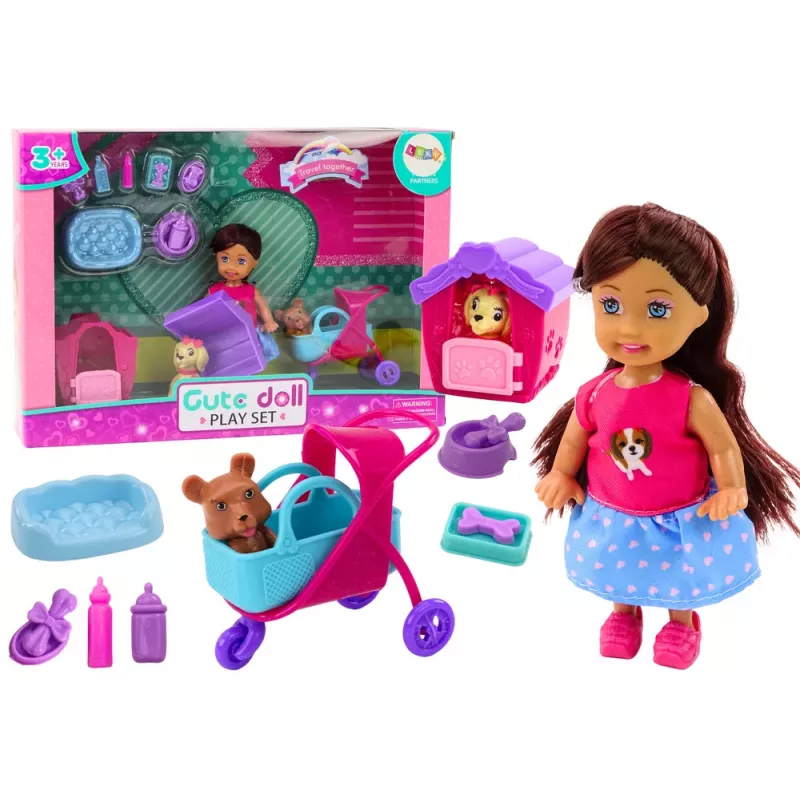 LEAN TOYS Boneca com Cães, Boneca Cão, Acessórios Canil, Rosa, Cachorro, 16 Peças