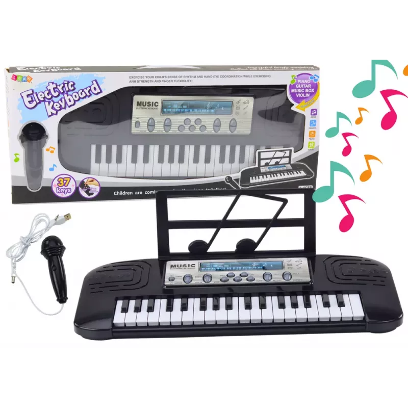 LEAN TOYS Piano Elétrico para Crianças com Suporte de Microfone, 37 Teclas, Melodias, Preto