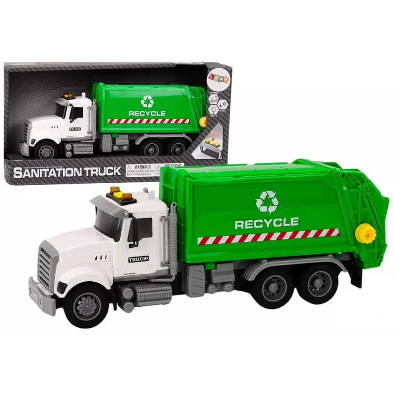 LEAN TOYS camião do lixo com contentores de lixo, luzes, sons, tração por fricção, branco e verde