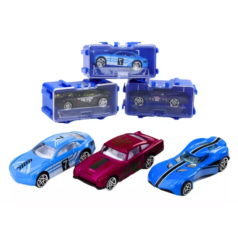 LEAN TOYS Conjunto de 16 Peças com Carros de Metal Fundido com Molas em Mala de Metal