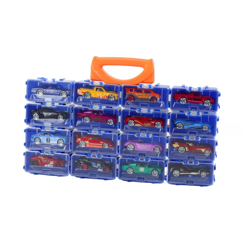 LEAN TOYS Conjunto de 16 Peças com Carros de Metal Fundido com Molas em Mala de Metal