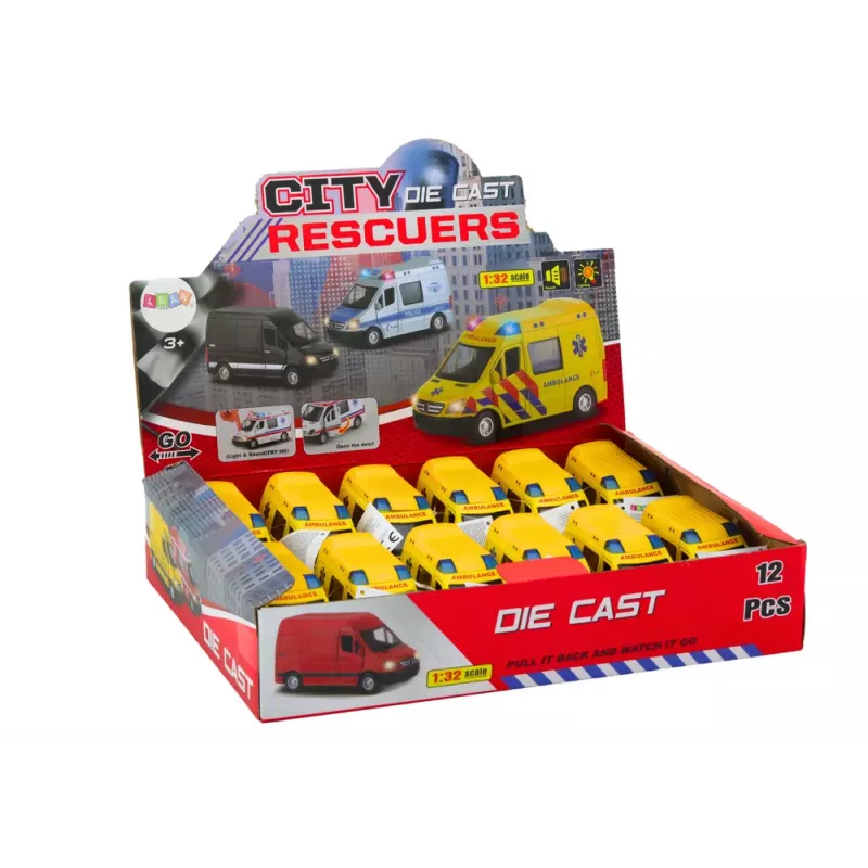 LEAN TOYS Ambulância 1:32 portas de abrir luzes sons propulsão amarelo