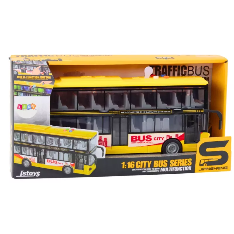 LEAN TOYS Autocarro de dois andares 1:16 luzes sons propulsão por fricção amarelo
